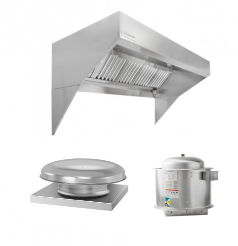 Hoodmart Low Ceiling Sloped Front Wall Canopy Hood Package W/Eco Makeup Air 8’ X 48” 2008L-DB SHOP HOODS, COMMERCIAL HOOD PACKAGES, Makeup-Air Hood Packages, Low Ceiling Sloped Front Short Cycle IPS