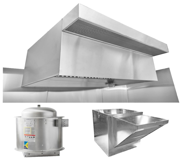 HoodMart Restaurant Hood System w/ PSP Makeup-Air EXH015PSP SHOP, COMMERCIAL HOOD PACKAGES, Makeup-Air Hood Packages, Perforated Supply Plenum (PSP), Untempered Air