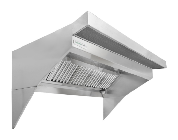 Low Ceiling Sloped Front Restaurant Hood w/PSP Makeup-Air 4'x48" 0448HLBPSP SHOP, HOODS ONLY, Makeup Air Hoods, Low Profile Makeup Air Hood, Low Ceiling Sloped Front PSP