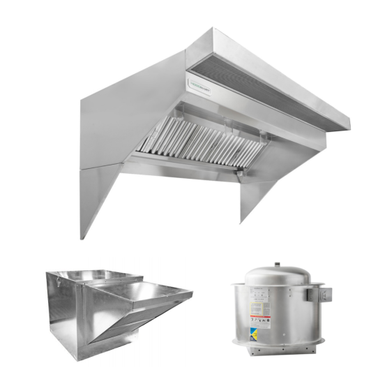 HoodMart Low Ceiling Sloped Front Restaurant Hood System w/PSP Makeup Air 11’ x 48” EXH0011LB-PSP SHOP HOODS, COMMERCIAL HOOD PACKAGES, Makeup-Air Hood Packages, Low Ceiling Sloped Front PSP, Untempered Air