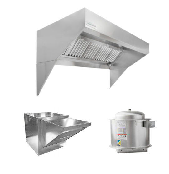 HoodMart Low Ceiling Sloped Front Wall Canopy Hood Package w/Makeup Air 15’ x 48” 2015LB SHOP HOODS, COMMERCIAL HOOD PACKAGES, Makeup-Air Hood Packages, Low Ceiling Sloped Front Short Cycle IPS