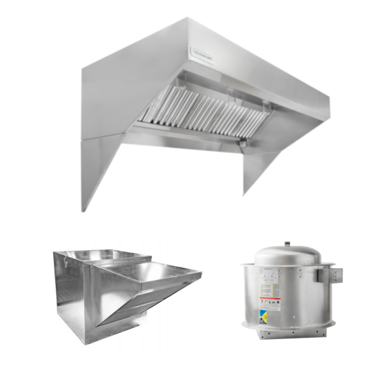 HoodMart Low Ceiling Sloped Front Wall Canopy Hood Package w/Makeup Air 19’ x 48” 2019LB SHOP HOODS, COMMERCIAL HOOD PACKAGES, Makeup-Air Hood Packages, Low Ceiling Sloped Front Short Cycle IPS