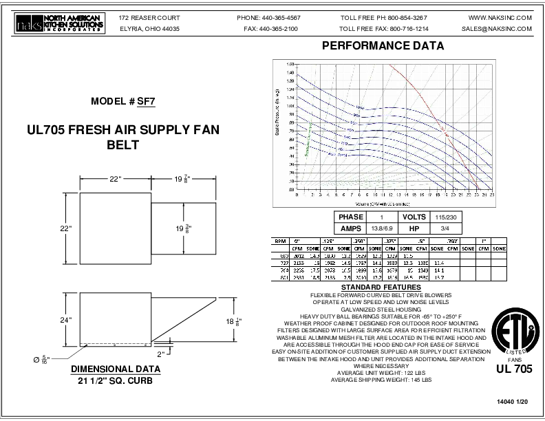 14040EN SF7-1PHASE BELT DRIVE FRESH AIR SUPPLY FAN SPEC SHEET