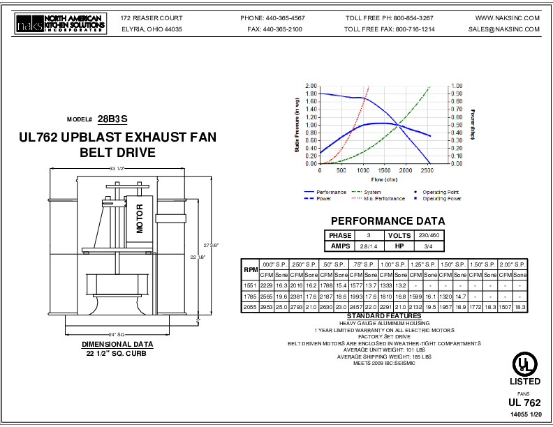 14055EN- 28B3S 3 PHASE BELT DRIVE SEISMIC EXHAUST FAN SPEC SHEET