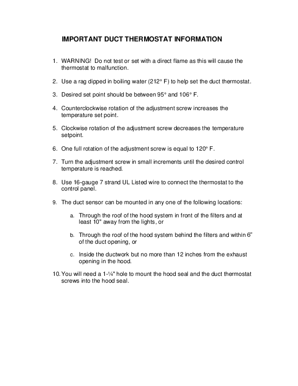 2020 DUCT THERMOSTAT INFORMATION