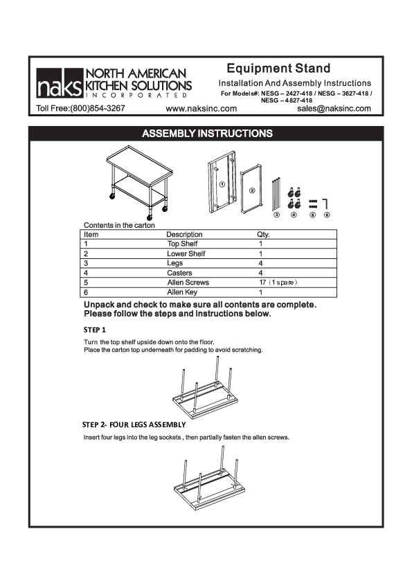 EQUIPMENT STAND - ASSEMBLY INSTRUCTIONS