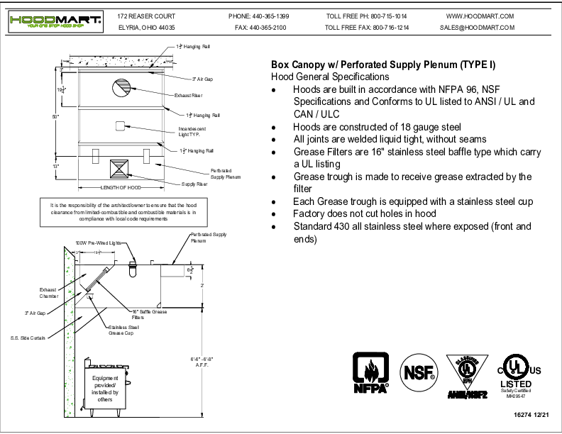 Commercial Kitchen Exhaust Hood PSP Perforated MakeUp-Air chamber NFPA-96  NSF 24″ X 48″ X Length – Standard & Chan