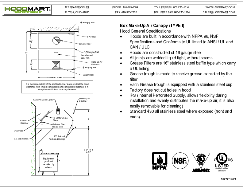 Commercial Kitchen Exhaust Hood PSP Perforated MakeUp-Air chamber NFPA-96  NSF 24″ X 48″ X Length – Standard & Chan