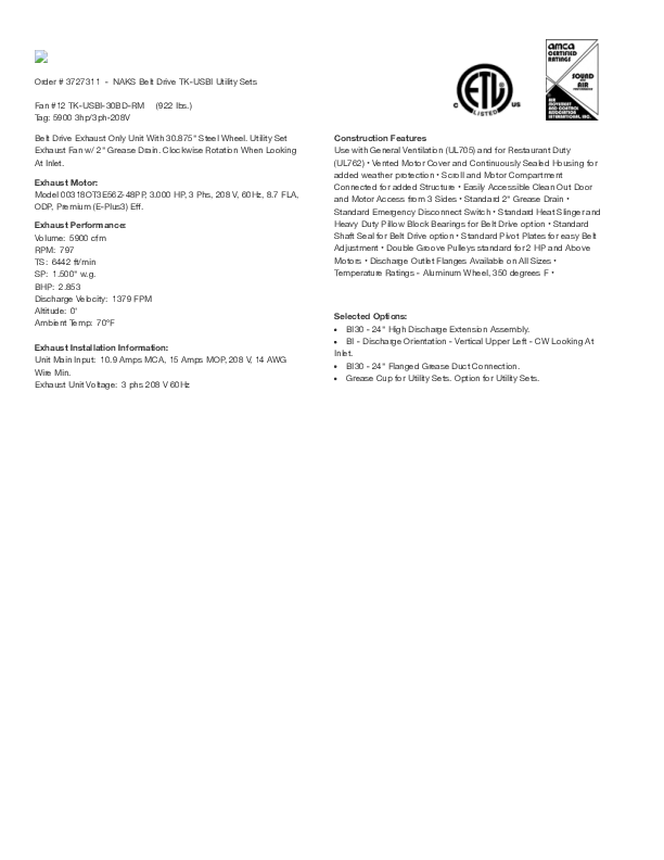 TK-USBI-30BD-RM 5900 3hp3ph-208V