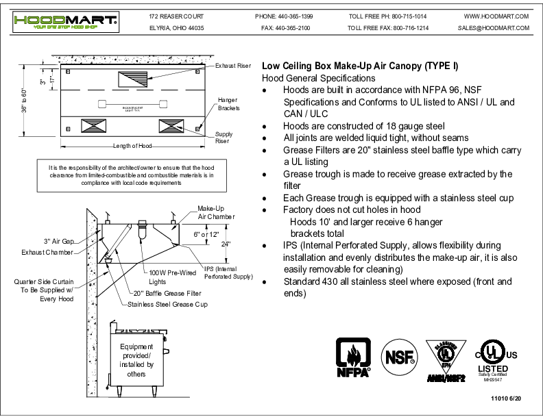 Low Ceiling Box Makeup Air Canopy – Spec Sheet - Short Cycle IPS