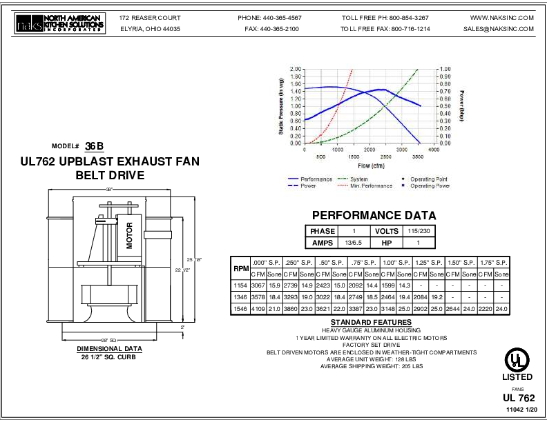 11042EN-36B 1 PHASE BELT DRIVE EXHAUST FAN SPEC SHEET
