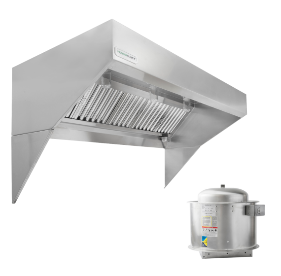 HoodMart Low Ceiling Sloped Front Exhaust Hood System - 15' x 48" EXH0015LB COMPRAR, CAMPANAS COMERCIALES, Paquetes de campana de escape , Paquetes de campana extractora de techo delantero inclinado de techo bajo