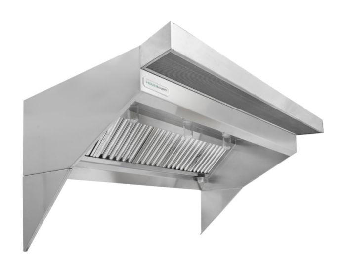 Low Ceiling Sloped Front Restaurant Hood w/PSP Makeup-Air 14'x48" 1448HLBPSP SHOP, HOODS ONLY, Low Profile Makeup Air Hood, Low Ceiling Sloped Front PSP