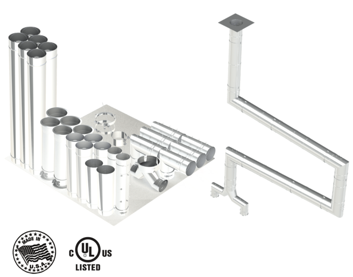 18"- Single Wall Kit,Two 12" Connections, Grease Duct, Four 90's, 50' Straight, Including No Weld Hood and Fan Connections Fan Connections SWNAKS-KIT15 COMPRAR, DUCTOS, Kits de conducto de grasa de pared simple, Kit de pared simple - Straight w / Pant Leg y 4 - 90's