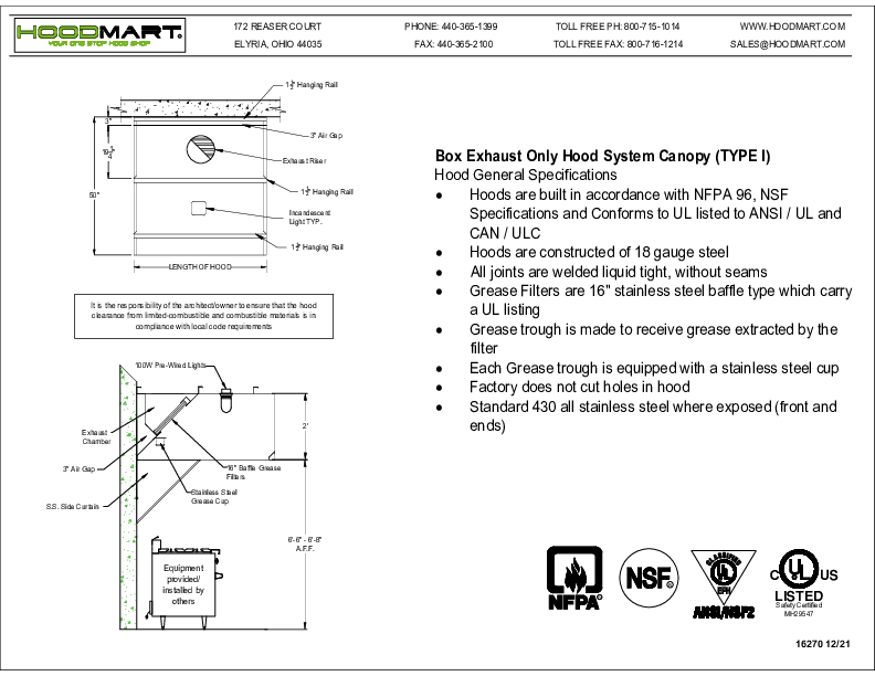 Box Exhaust Only Canopy – Spec Sheet - SHIPS TO:  AL, AR, AZ, FL, GA, LA, MS, NC, NM, OK, SC, TN, TX