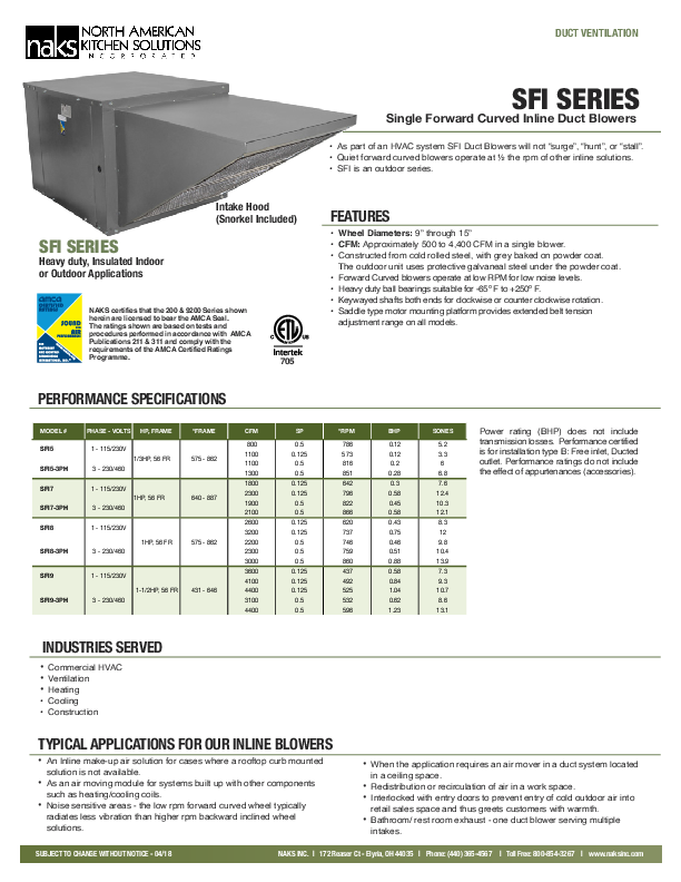 FRESH AIR SUPPLY FANS - MAKE UP AIR FANS FOR HORIZONTAL APPLICATIONS - SPEC