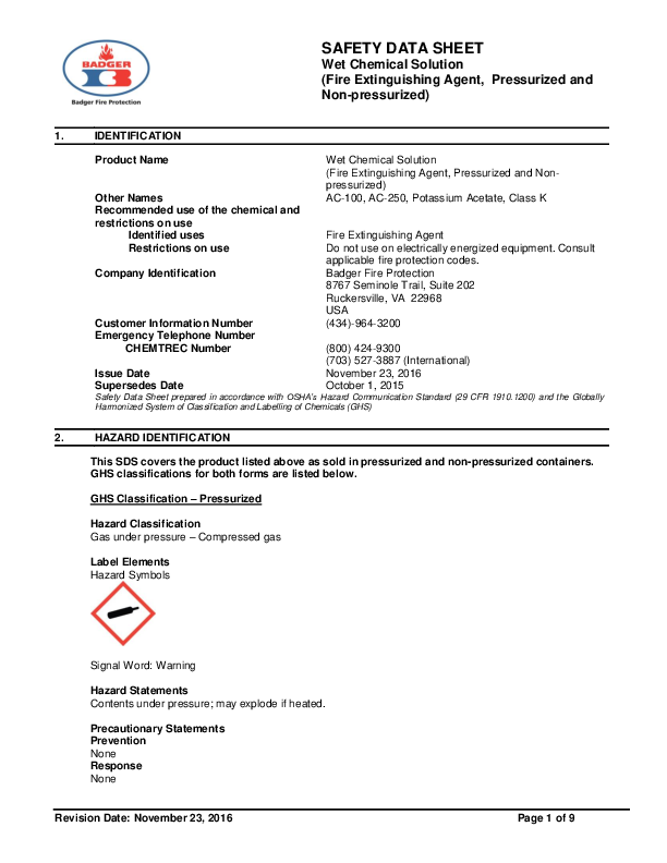 SDS Badger Class K Wet Chemical
