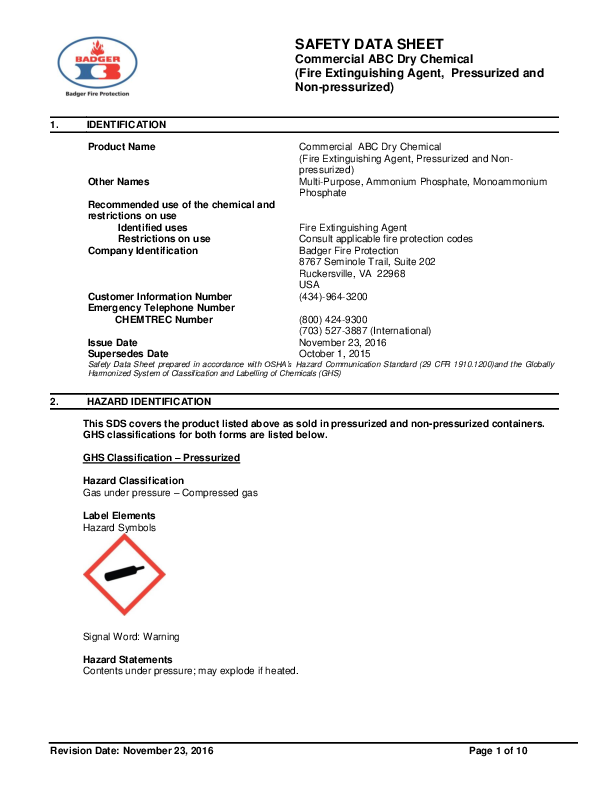 SDS Badger Commercial ABC Dry Chemical
