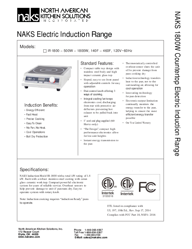 NAKS 1800W Countertop Electric Induction Range